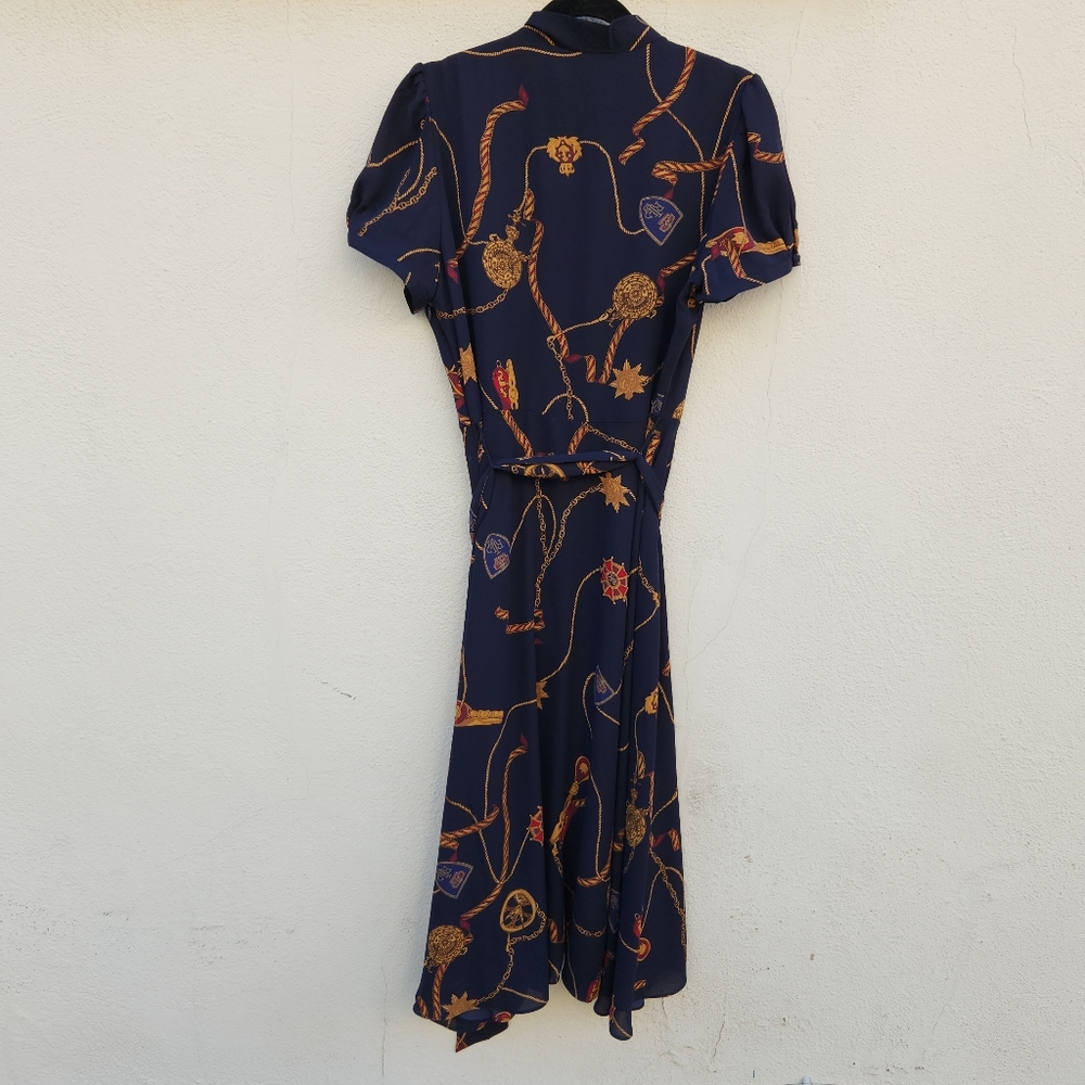 NEW NWT Ralph Lauren Navy Nautical Equestrian Belted Georgette Puff-Sleeve Dress - Picture 4 of 10
